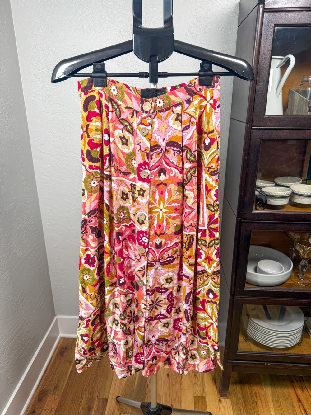 Zara Floral Paisley Button Front Midi Skirt Boho Cottagecore Size S